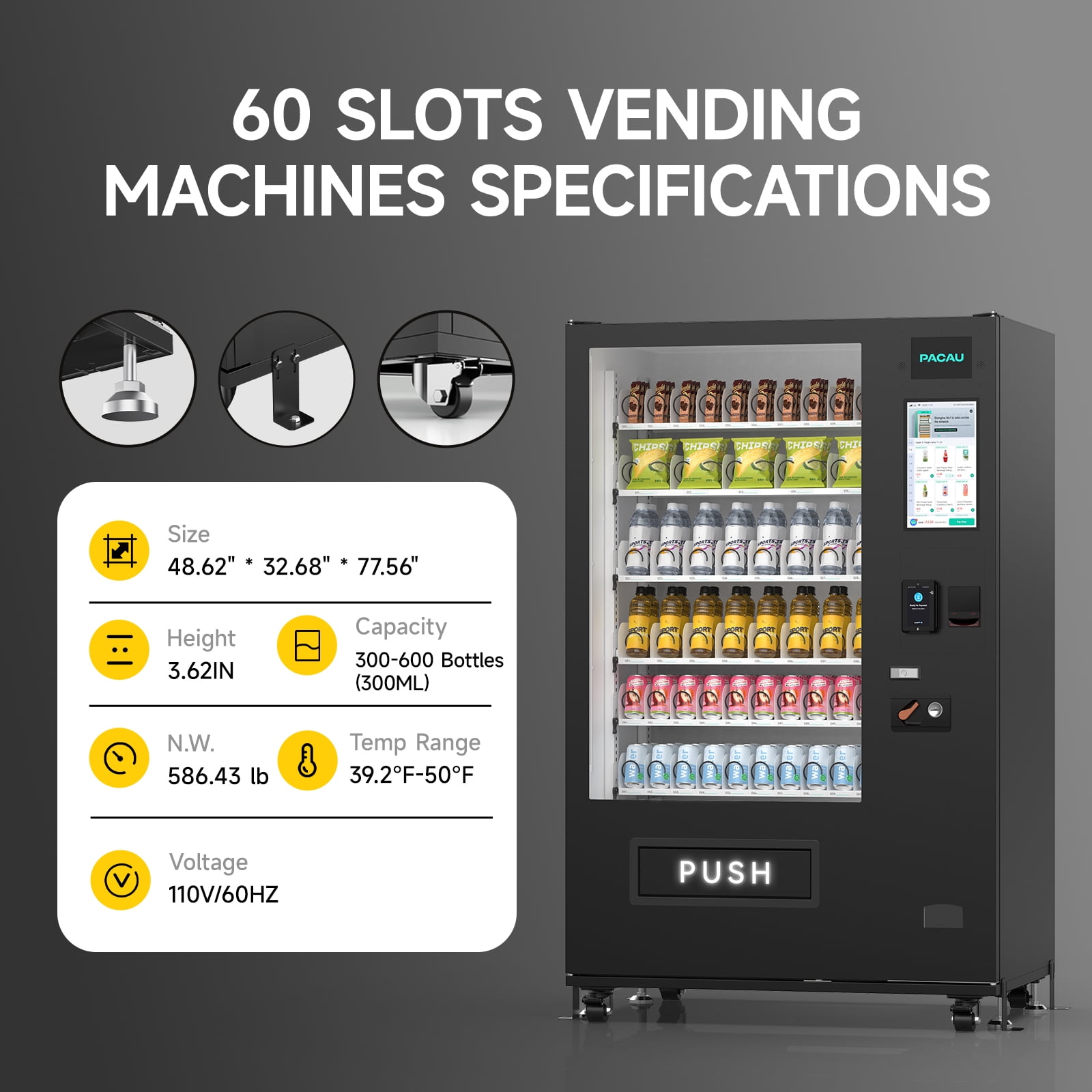 Smart Vending Machine, 60 Slot Snack and Drink Combo with Remote App Monitoring, Cashless Payment (Bill/Coin/Card Reader), Large Capacity Commercial Vending Machine for Office, Gym, Apartment