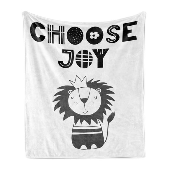 Lion Soft Flannel Fleece Throw Blanket, Hand Drawn King of Jungle with an Uplifting Words Monochrome Illustration, Cozy Plush for Indoor and Outdoor Use, 60" x 80", Black Grey and White, by Ambesonne