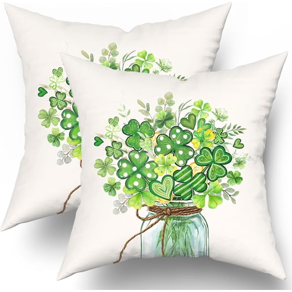 ST Patricks Day Bouquet Throw Pillow Covers 18x18inch Set of 2 Clovers Heart Flower Mason Jar Decorative Pillowcases with Eucalyptus Leaves Farmhouse Linen Square Cushion Case for