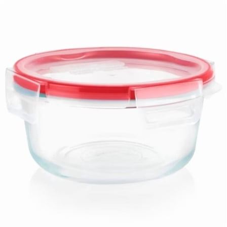 Pyrex Freshlock 4 Cup Round Food Storage Container: Glass Container with Lid, Oven & Microwave Safe, Clear/Red