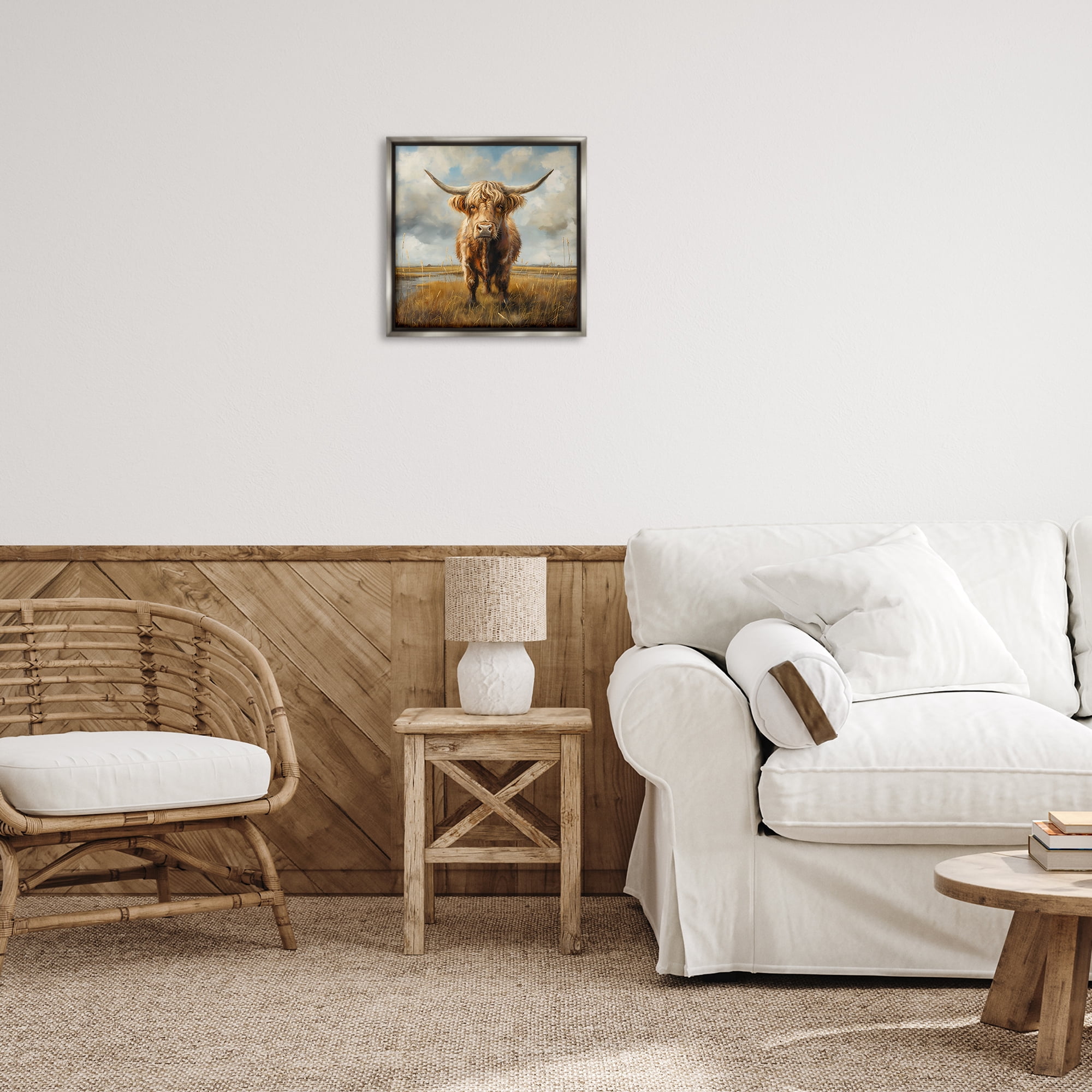Stupell Industries Cattle on Scenic Farm Animals Painting Gray Floater Framed Canvas Art Print Wall Art, 18 x 18