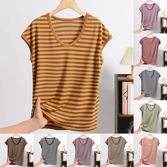 Fall Saving! HVOBTTY Women's Short Sleeve Pajama Top, Pajama Top for Women Plus Size, Women's Fashion Casual Stripe Round Neck Sleeveless Loose Pajama Tops Army Green, XXXXL