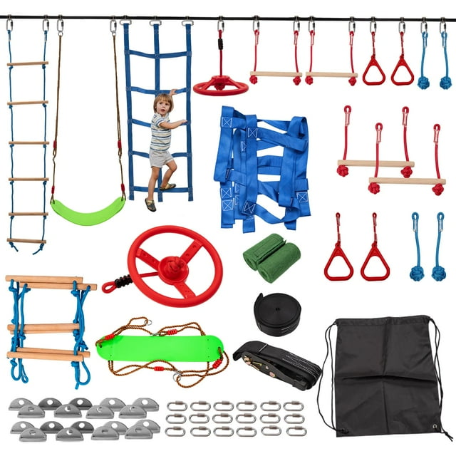 Slsy 60FT Ninja Warrior Obstacle Course (10 Obstacles), Ninja Slackline Kit for Kids, Durable Playset Equipment with 10 Complete Set-Monkey Bar,Swing, Climbing Ladder & Net