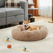 GIANNA Large Calming Donut Dog & Cat Bed, 36 Inches Round Fluffy Dog Beds for Dogs, Anti-Anxiety Plush Dog Bed, Machine Washable Pet Bed, Brown