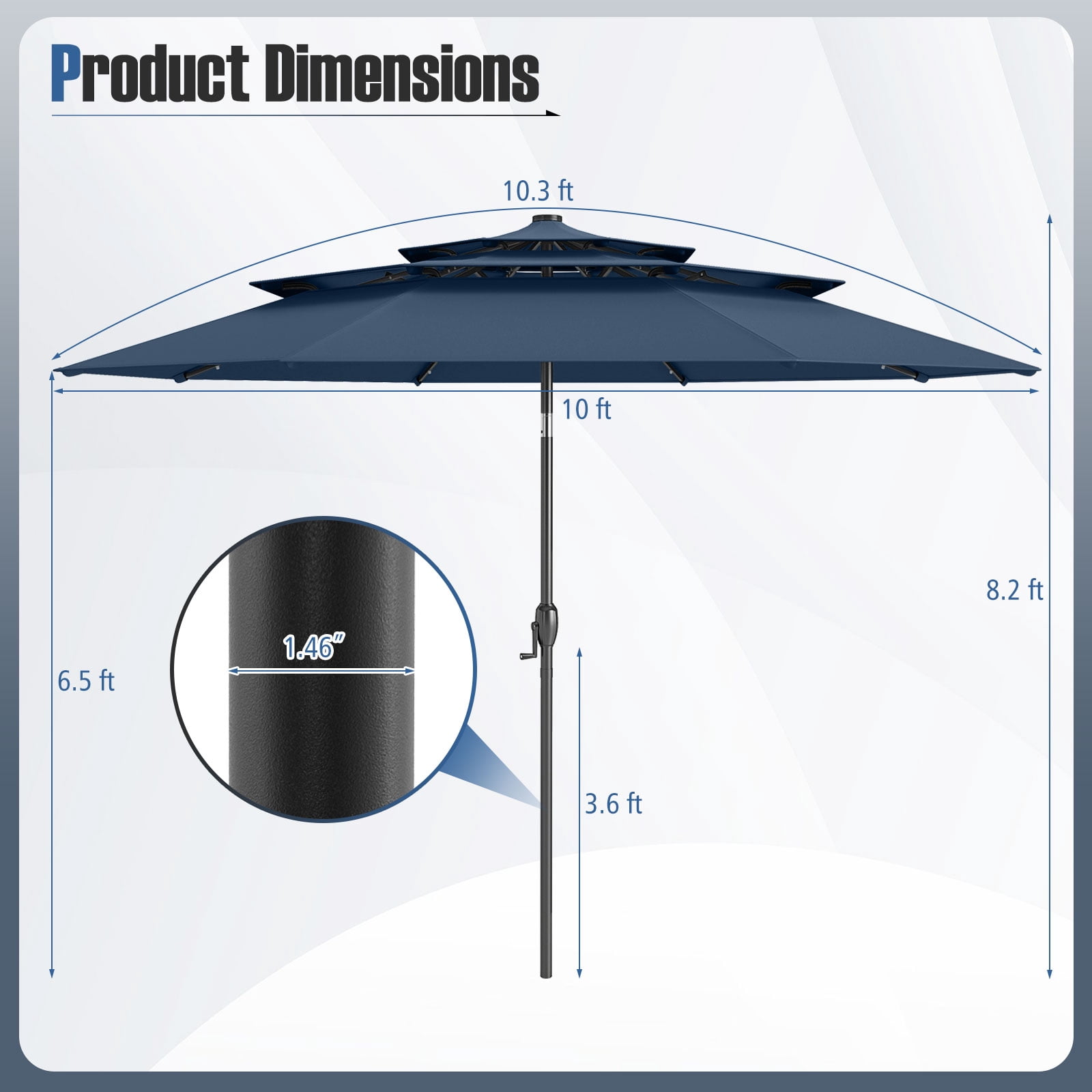 Gymax 10 FT Solar Patio Umbrella w/ 32 LED Lights 3-Tier Vented Top Tilt Adjustment Navy