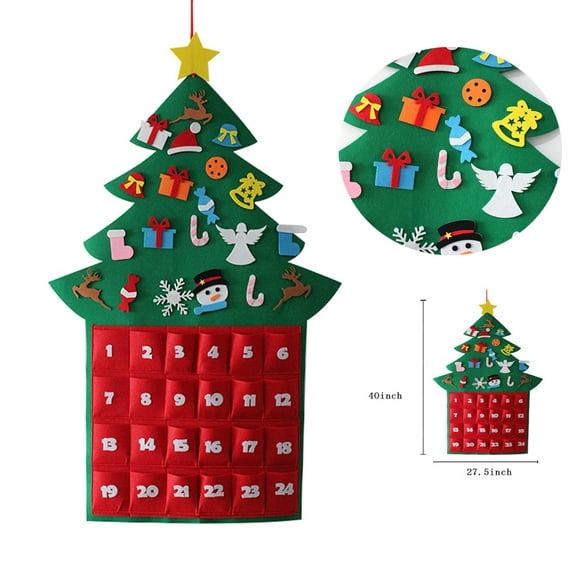 Felt Christmas Advent Calendar Hanging Christmas Tree Countdown Calendar Festival DIY Decor for Kids (Dark Green)