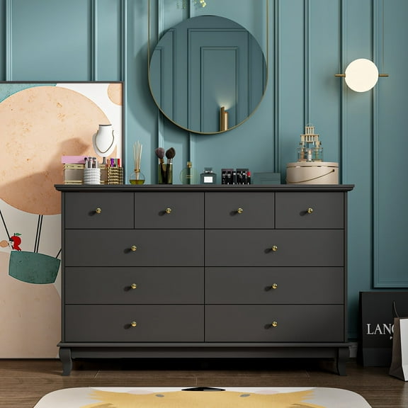 Oxylife Wooden 10 Drawer Dresser, Chest of Drawers Storage Cabinet for Bedroom Closet, Black