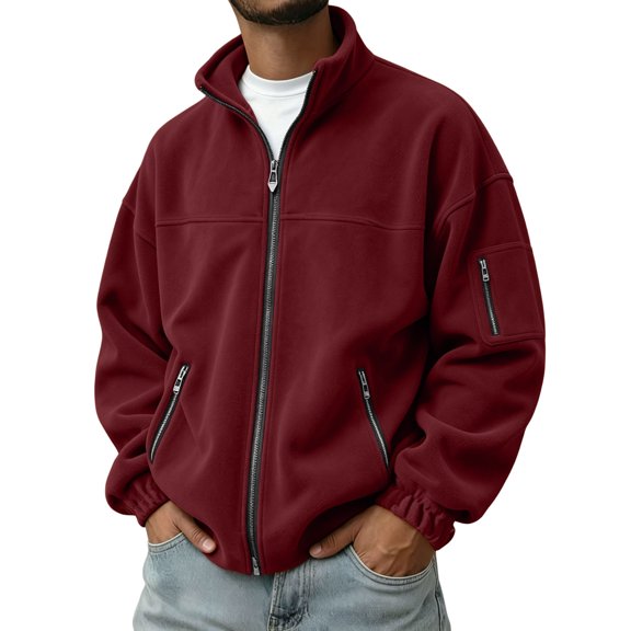 Oazcsf Men Zip Up Jacket Polar Fleece Stand Collar Long Sleeve Sweater Winter Warm Lightweight Pullover