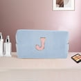 thumbnail image 5 of Bolsas de maquillaje rectangulares de terciopelo con letra J en azul cielo, 1 pieza, 5 of 5