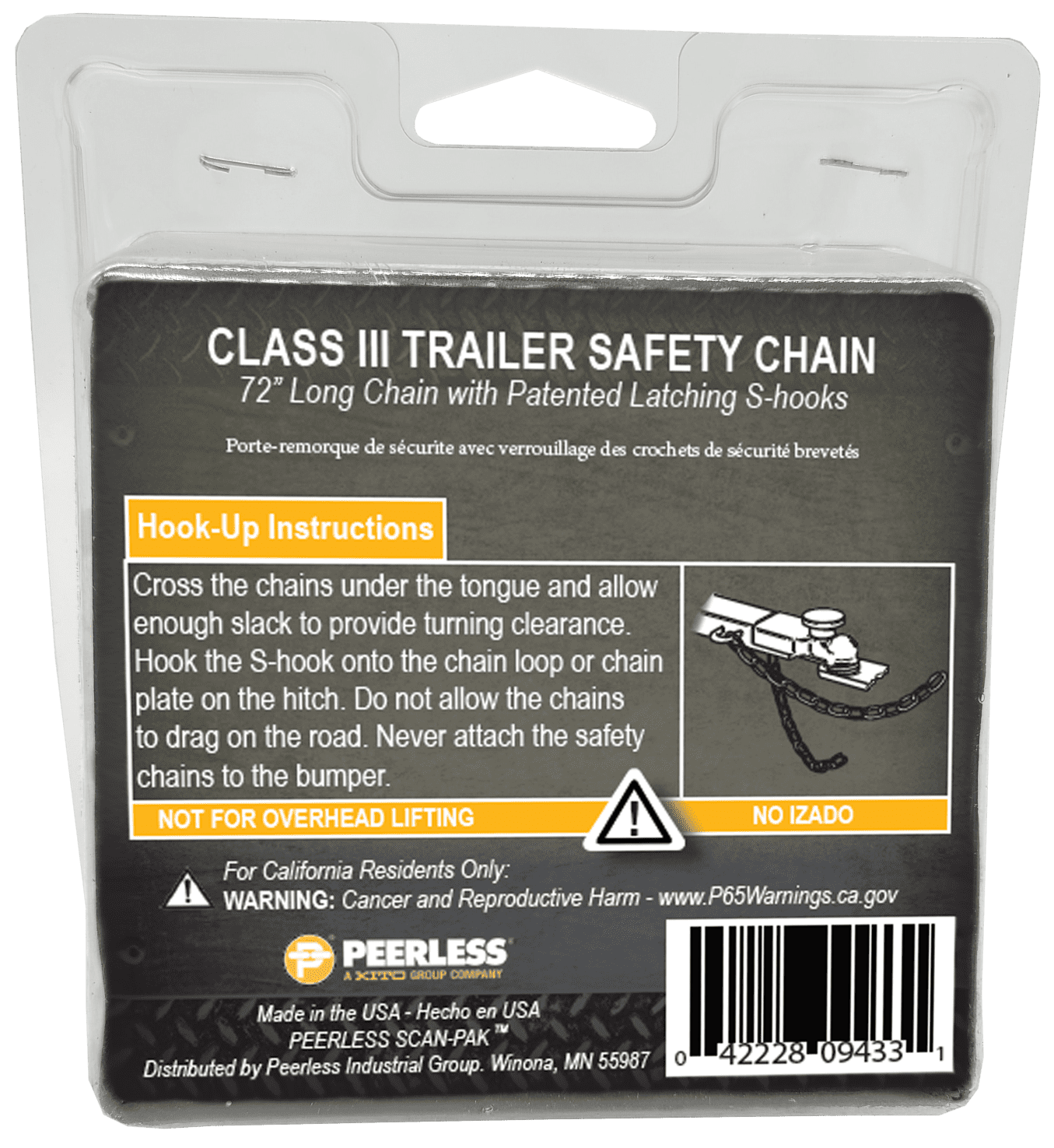 Trailer Safety Chain, 1/4" x 72", Latching S-Hooks, Peerless Chain Company, #4751503