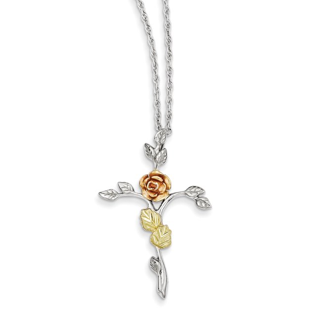 Sterling Silver & 12K Rose Cross Necklace (Weight: 0.09 Grams, Length: 18 Inches)