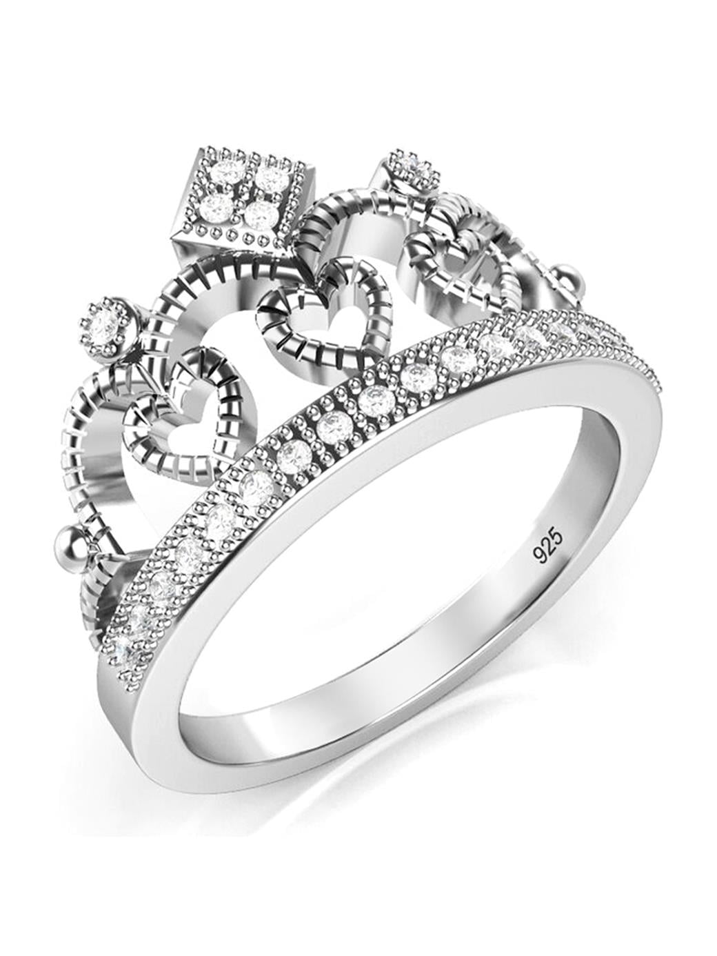 925 Sterling Silver Cubic Zirconia Princess Heart Crown Tiara CZ Band ...