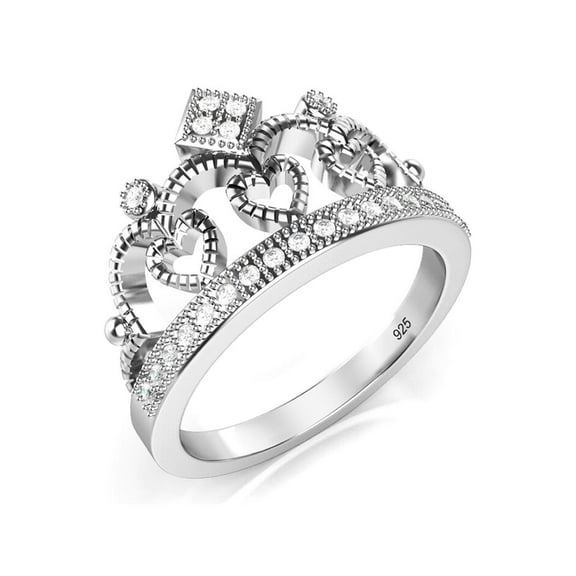 925 Sterling Silver Cubic Zirconia Princess Heart Crown Tiara CZ Band Ring Sz 7