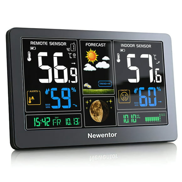 Newentor Weather Station Wireless Indoor Outdoor Thermometer, 7.5in Color Digital Weather Thermometer with Atomic Clock