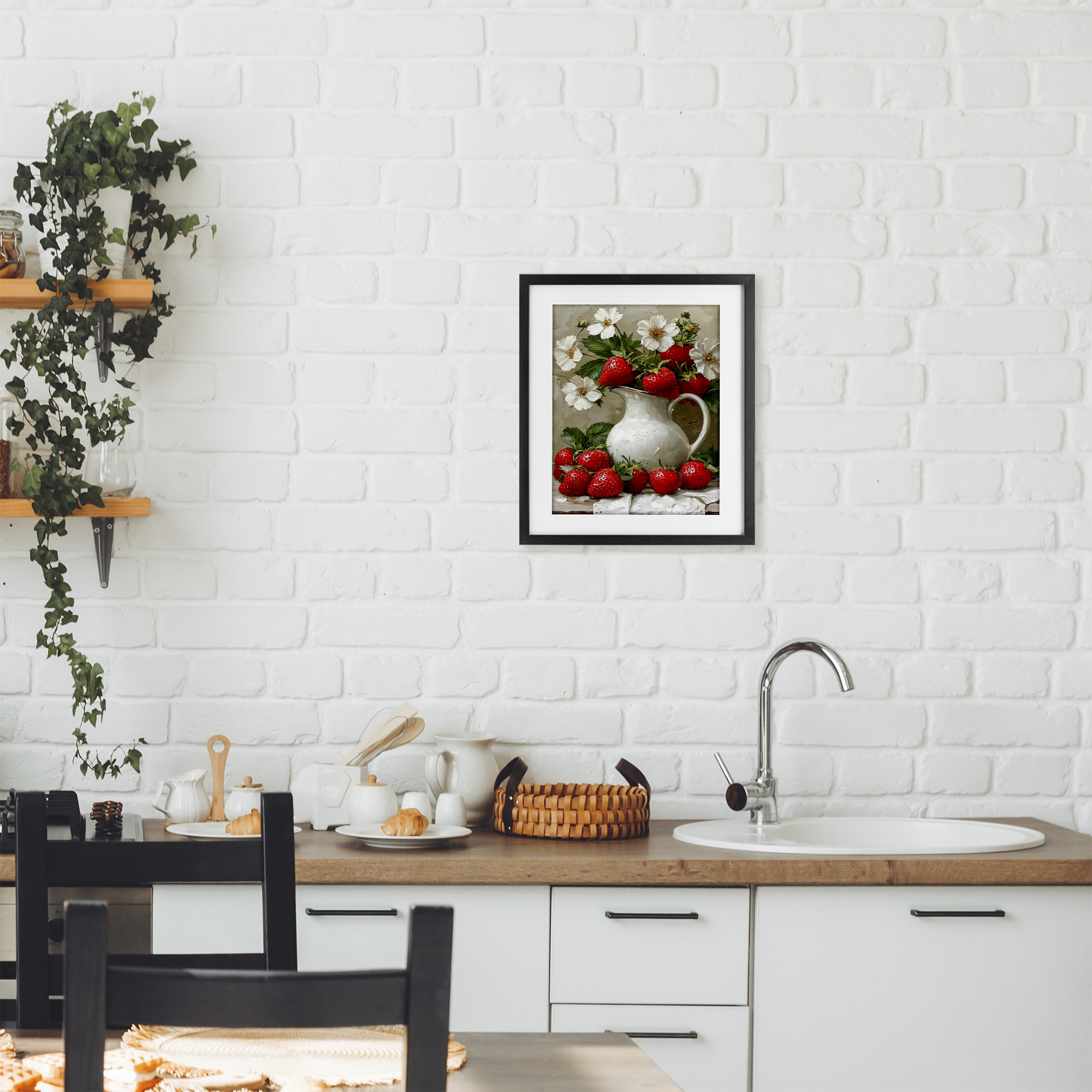 Painterly Strawberries Still Life Black Framed Print Under Glass, design by Lettered and Lined