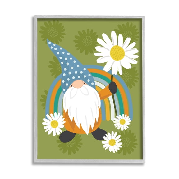 Stupell Industries Daisy Garden Gnome Blue Rainbow Floral Pattern Graphic Art Gray Framed Art Print Wall Art, 16x20, by Lisa Whitebutton