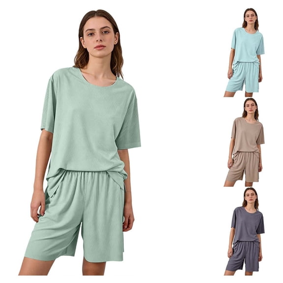 Fengqque Women’s Ribbed Knit Pajama Set, Crew Neck Short Sleeve Sleep Top & Elastic Waist Shorts 2 Piece Sleepwear