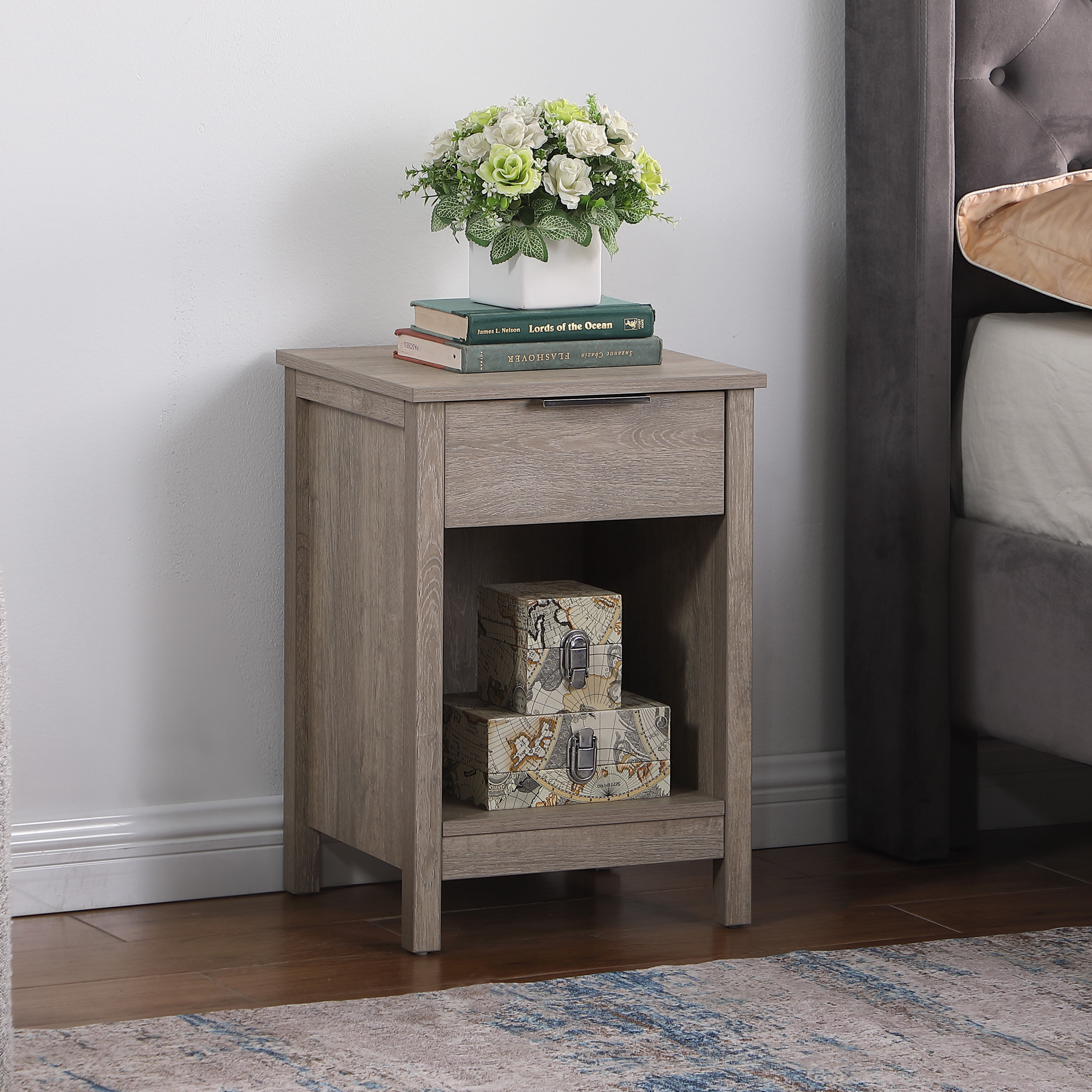 Nightstand with Drawer,End Table With Drawer and Open Shelf,Easy Assemble,Sturdy Side Frames,Metal Handle,Night Stand for Bedroom, Side Table for LivingRoom,Rustic Grey
