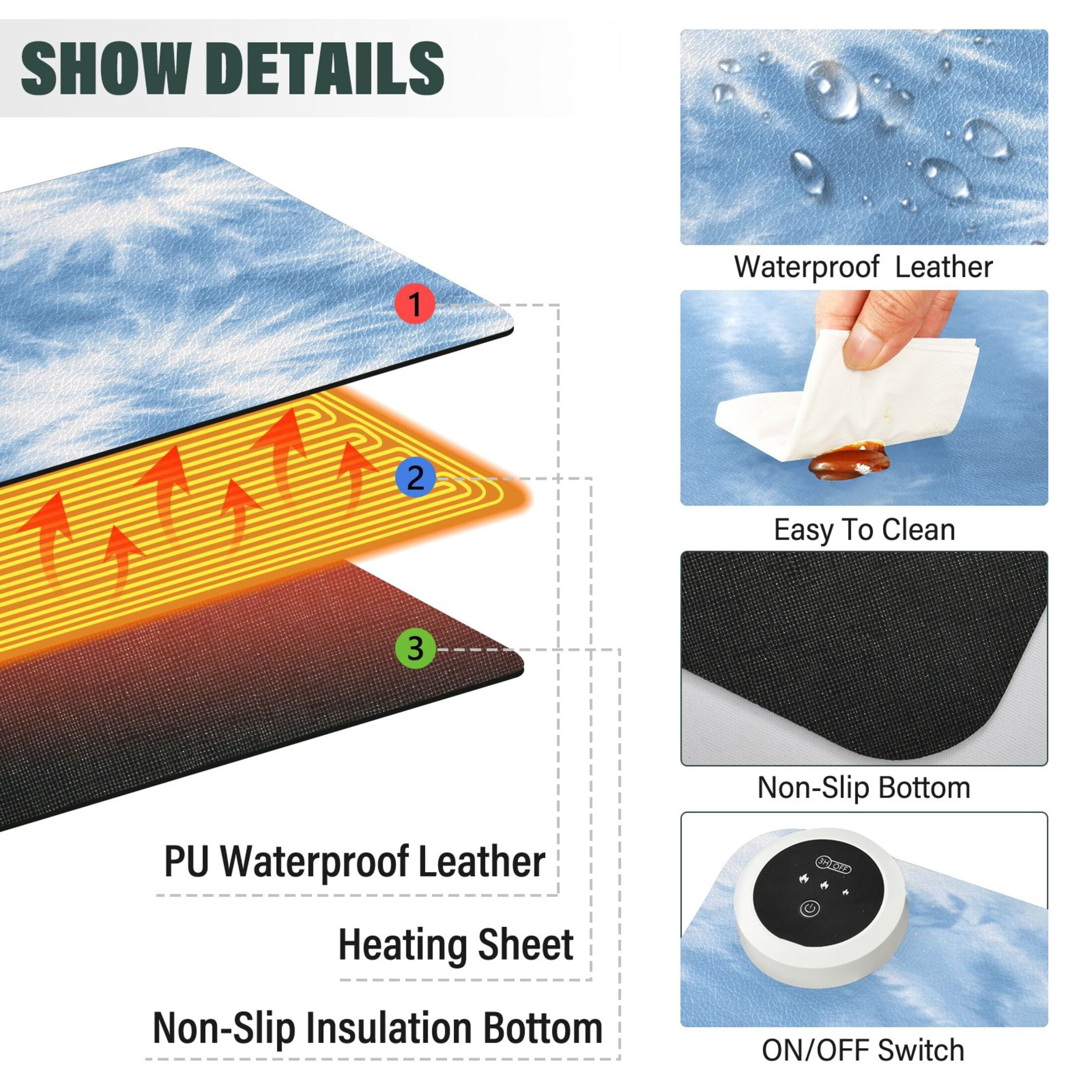 Large Heated Desk Mat Mouse Pad 31.5"x13"PU Leather Graphene Heating Desk Warmer with 3 Temperature Settings 110V US Plug Non-Slip Warm Pad for Home, Office, and Gaming Warm Blue Tie-dye Pattern