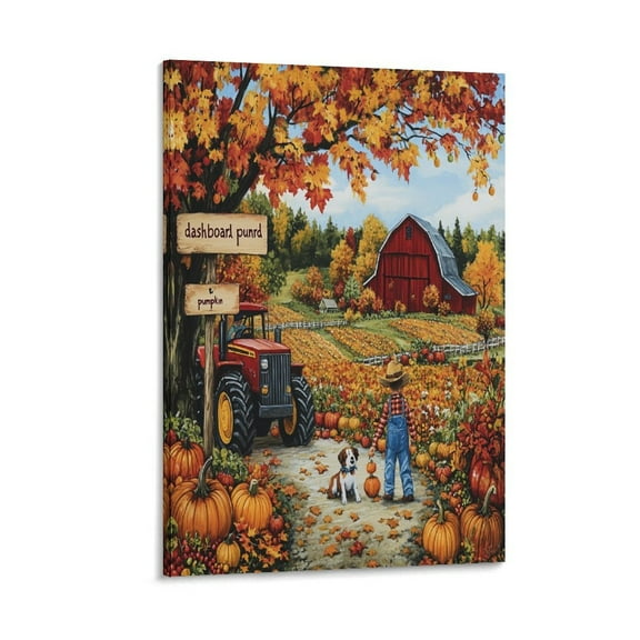 Autumn Farm Scene with Colorful Pumpkins, Fall Leaves Canvas Wall Art for Bedroom Seasonal Autumn Harvest Vintage Thanksgiving Canvas Pictures Wall Art Canvas Prints 8x12inch Framed Artwork