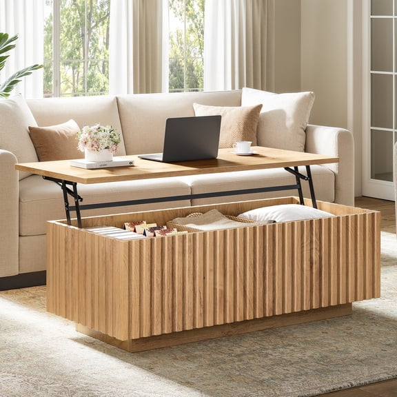 GUNAITO Lift Top Coffee Table with Big Storage, Fluted Rectangle Centre Table for Living Room, Wooden Coffee Table and modern Farmhouse, Natural wood