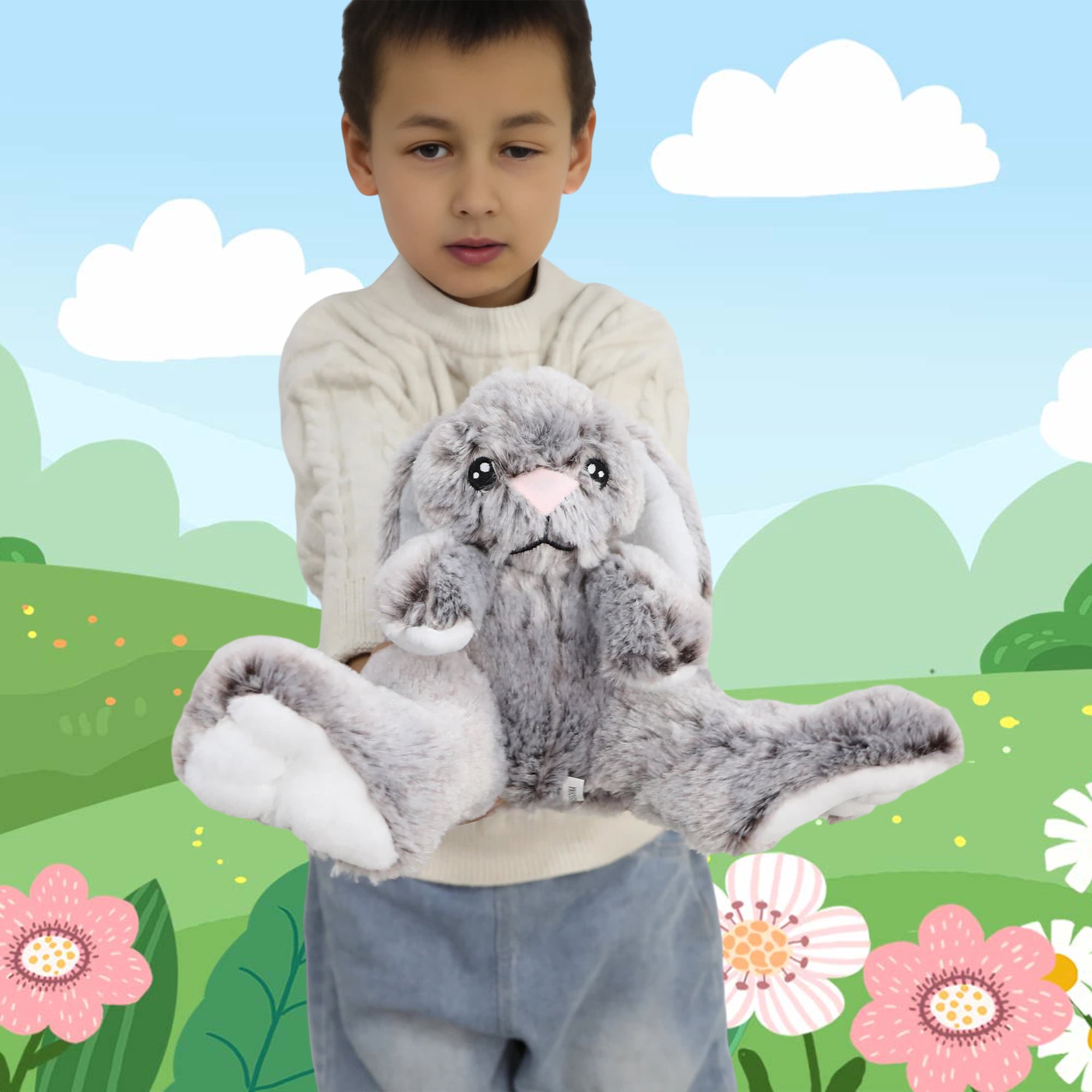 Kawaii Stuffed Fluffy Rabbit Animal Sitting Bunny Plush Toy Big Feet Rabbit Plushies Gray Fuzzy Bunny Doll Gift for Kids or Lover 10 Inch