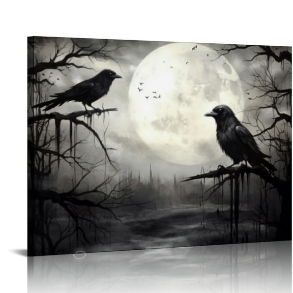 COMIO  Crow Canvas Wall Art Gothic Black Bird on Branch Painting Pictures Spooky Forest Full Moon Artwork Framed
