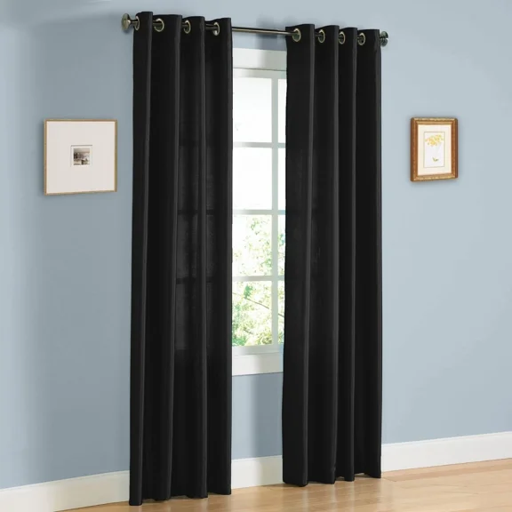 Gorgeous Home Linen 2PC Black Faux Silk Solid Color Window Semisheer Grommet Panel Curtain 55" Width X 84" Length (each) Panel