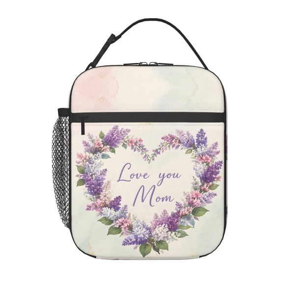 Mothers Day Lavender Floral Heart Lunch Bag Reusable Thermal Lunch Box with Handle for Women and Men
