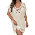 thumbnail image 2 of Antinious Ladies V-Neck Short Sleeve Hand Crochet Neck Splice Solid Coverup Versatile Casual Dress, 2 of 5