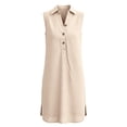 thumbnail image 6 of Women Collared V Neck Mini Summer Dress Sleeveless Front Buttons A Line Curved Hem Casual Spring Beach Dresses Beige, 6 of 7