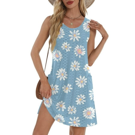 GXIPO Swim Dress for Women Swimwear Summer Dresses for Women 2025 Eyelet Casual Sleeveless Bikini Beach Cover Up Tank Swimsuit Coverup Plus Size Sundresses with Pockets Royal Blue S