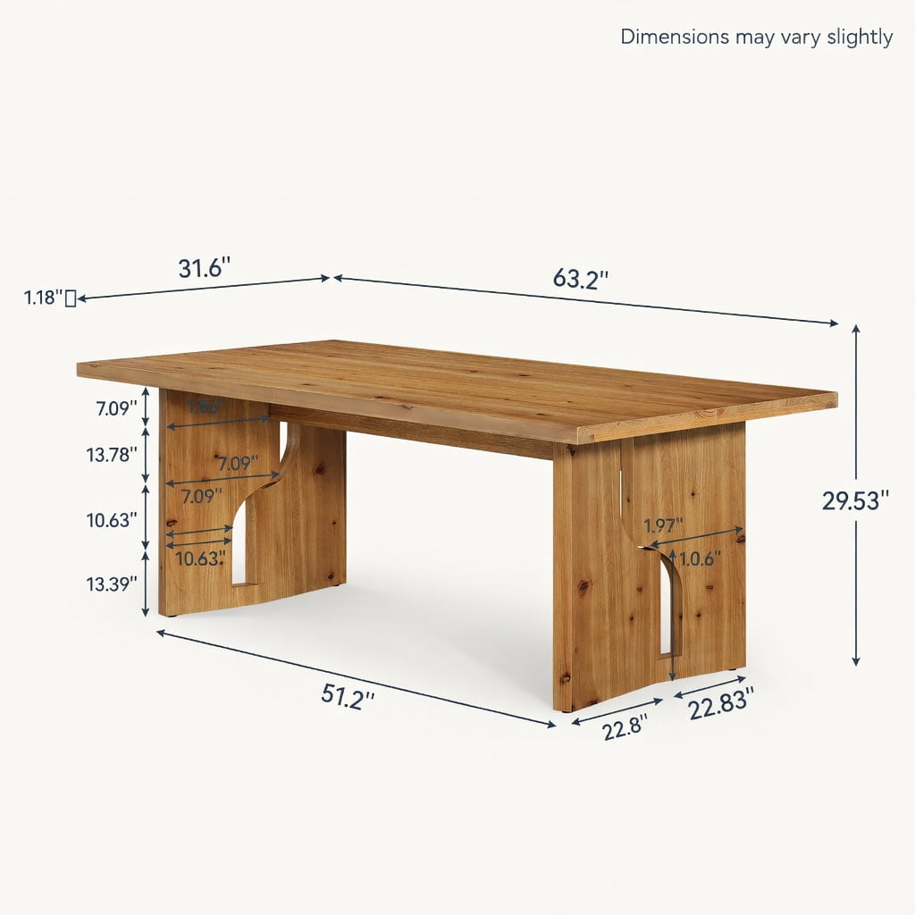Hommoo 63 Inch Solid Wood Farmhouse Dining Table for 4-6 People, Rustic Kitchen Table with Cutout Base Design, Sturdy Natural Wood Dining Table for Modern & Traditional Interiors, Natural