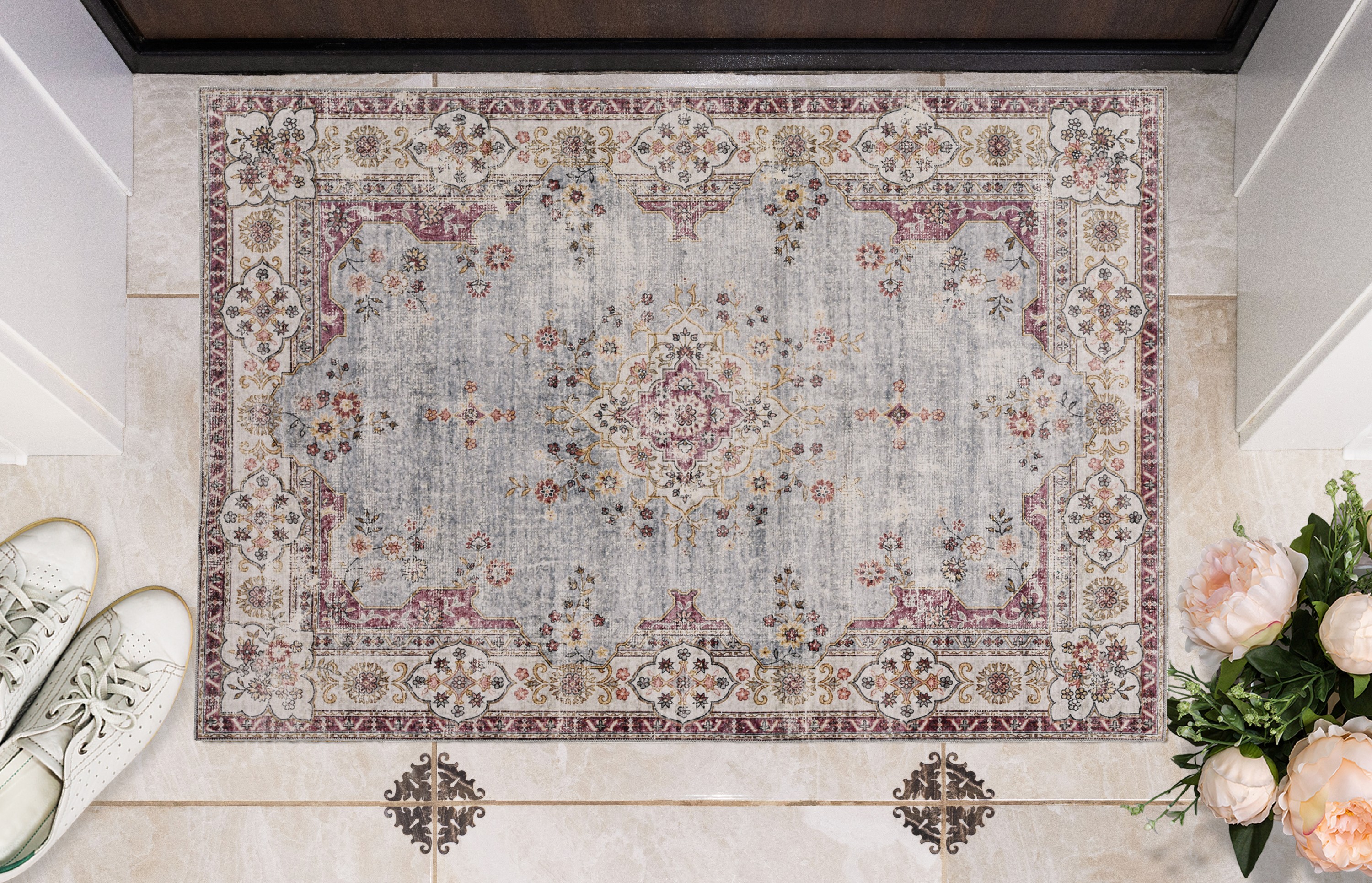 Linon Home Décor Washable Lennox Area Rug or Runner Collection, Pale Blue and Ivory, 2' x 3'
