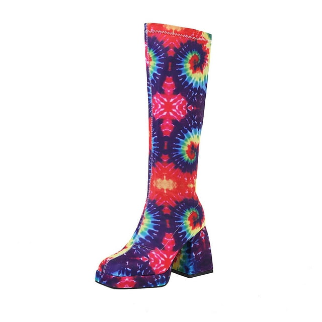 CEHVOM Bottes Hautes à Plateforme à Talons Hauts Épais pour Femmes à Manches, à Fleurs Assorties de Couleurs pour l'Automne et l'Hiver