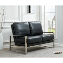 Leisuremod Jefferson Modern Leather Contemporary Loveseat With Silver Frame Mid-Century Living Room Loveseat Sofa (Black)