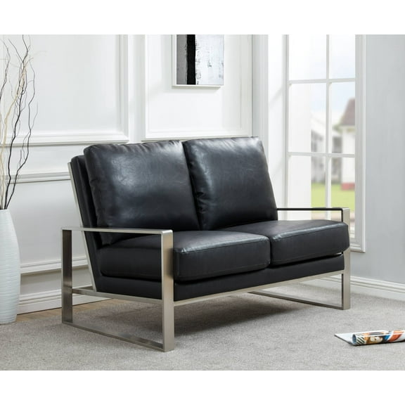 Leisuremod Jefferson Modern Leather Contemporary Loveseat With Silver Frame Mid-Century Living Room Loveseat Sofa (Black)
