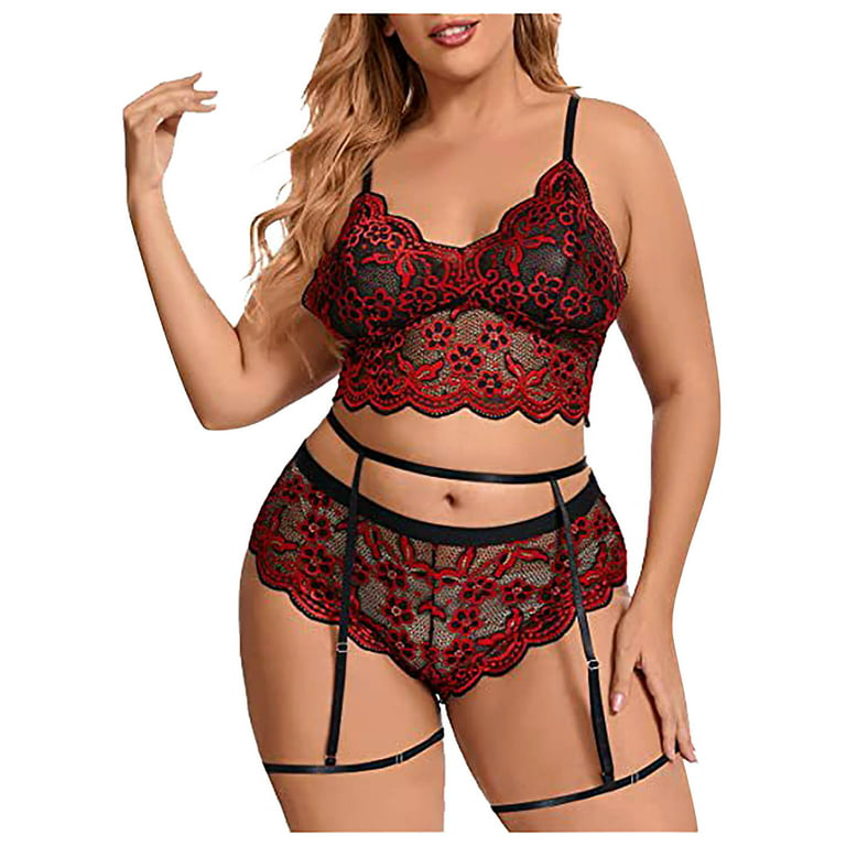 Red Underwear Set for Women Sexy Plus Size Sexy Women Lace Hollow