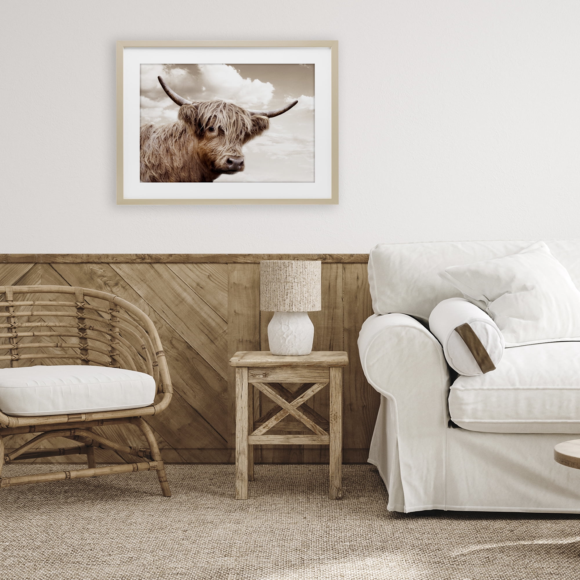 Stupell Industries Shaggy Highland Cow & Clouds Birch Framed Print Under Glass, design by CAD Designs