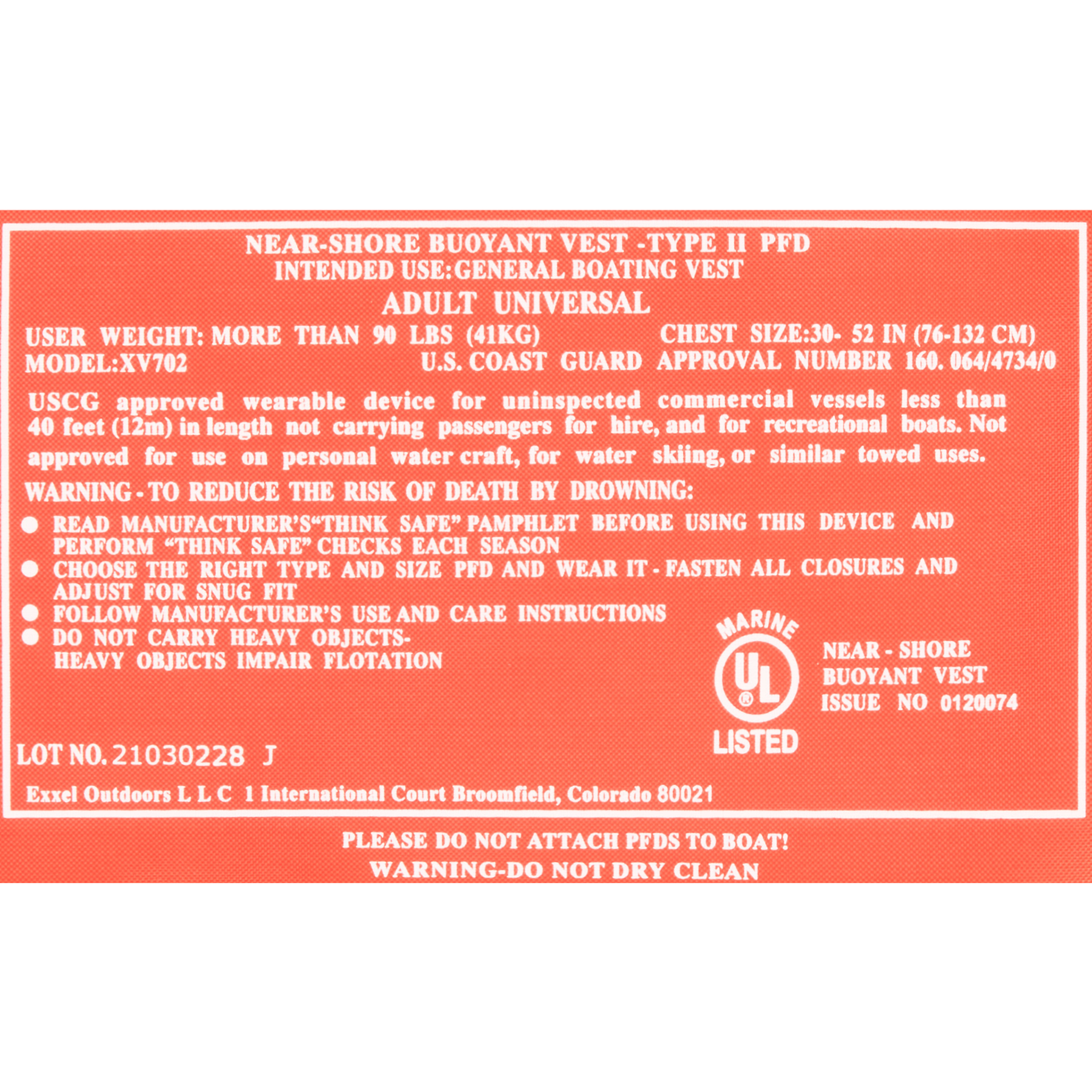 X2O U.S. Coast Guard Approved Type II Adult Life Jacket, Orange - image 5 of 9