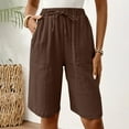 thumbnail image 6 of WQQZJJ Summer Shorts Women, Solid Color Drawstring Elastic Waist Long Shorts, Linen Knee Length Shorts Bermuda Shorts, 6 of 9