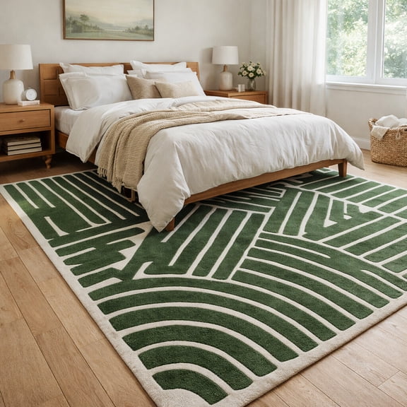 Handmade Green Wool Tufted Area Rug 5x7 – Soft Carpet for Living Room & Bedroom | Plush Natural Green Wool Rectangle Accent Floor Rug
