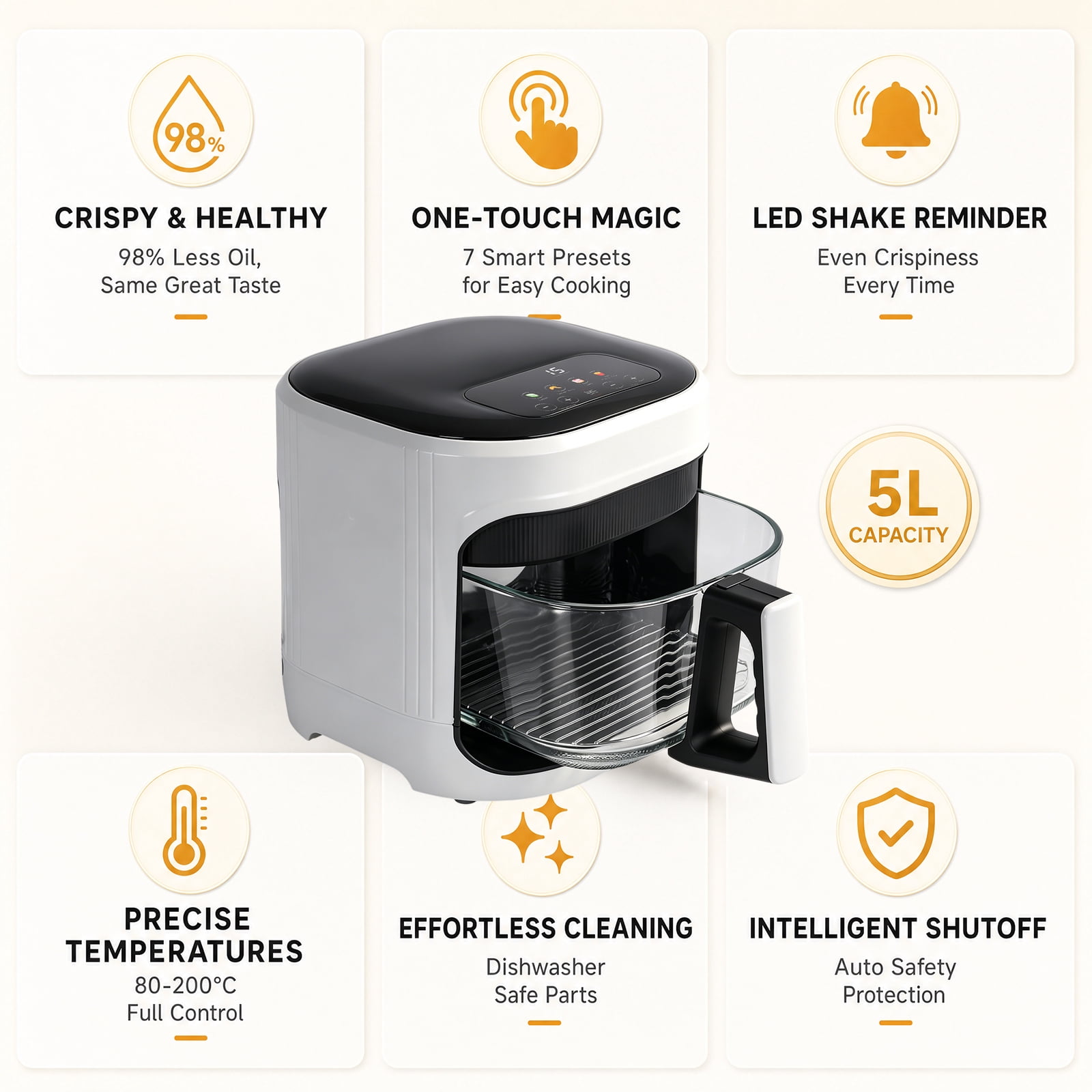 Air Fryer 5L with Touch Control, Adjustable tTemperature up to 200°C, 0-60-Minute Timer, 4 Preset Menus, Oil-free Cooking, and 1350W Power, Ideal for Families of 3-5 People.