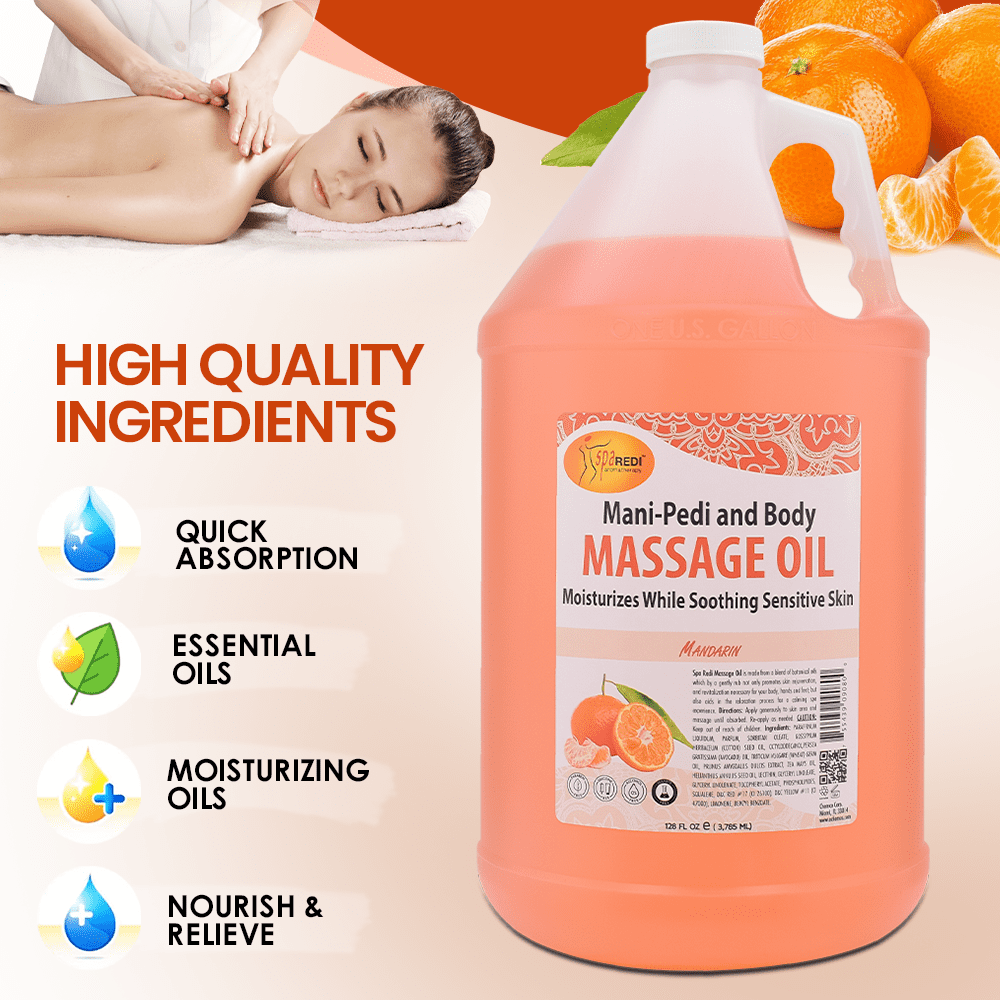 SPA REDI - Massage Oil, Mandarin, 128 Oz - Professional Full Body Massage Therapy, Made with Almond Oil, Cotton Seed Oil, Sunflower Oil, Avocado Oil, Essential Oils and Vitamin E