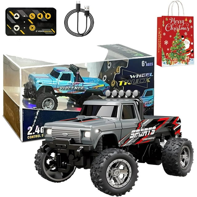Mini Camion Tout-Terrain avec Lumières, 1:64 Mini Camion Monstre Rc, Télécommande 2.4ghz, 3 Vitesses Réglables, Camions Rc en Alliage Rechargeables USB, Idées Cadeaux de Noël Anniversaire Cool (Gris-A)