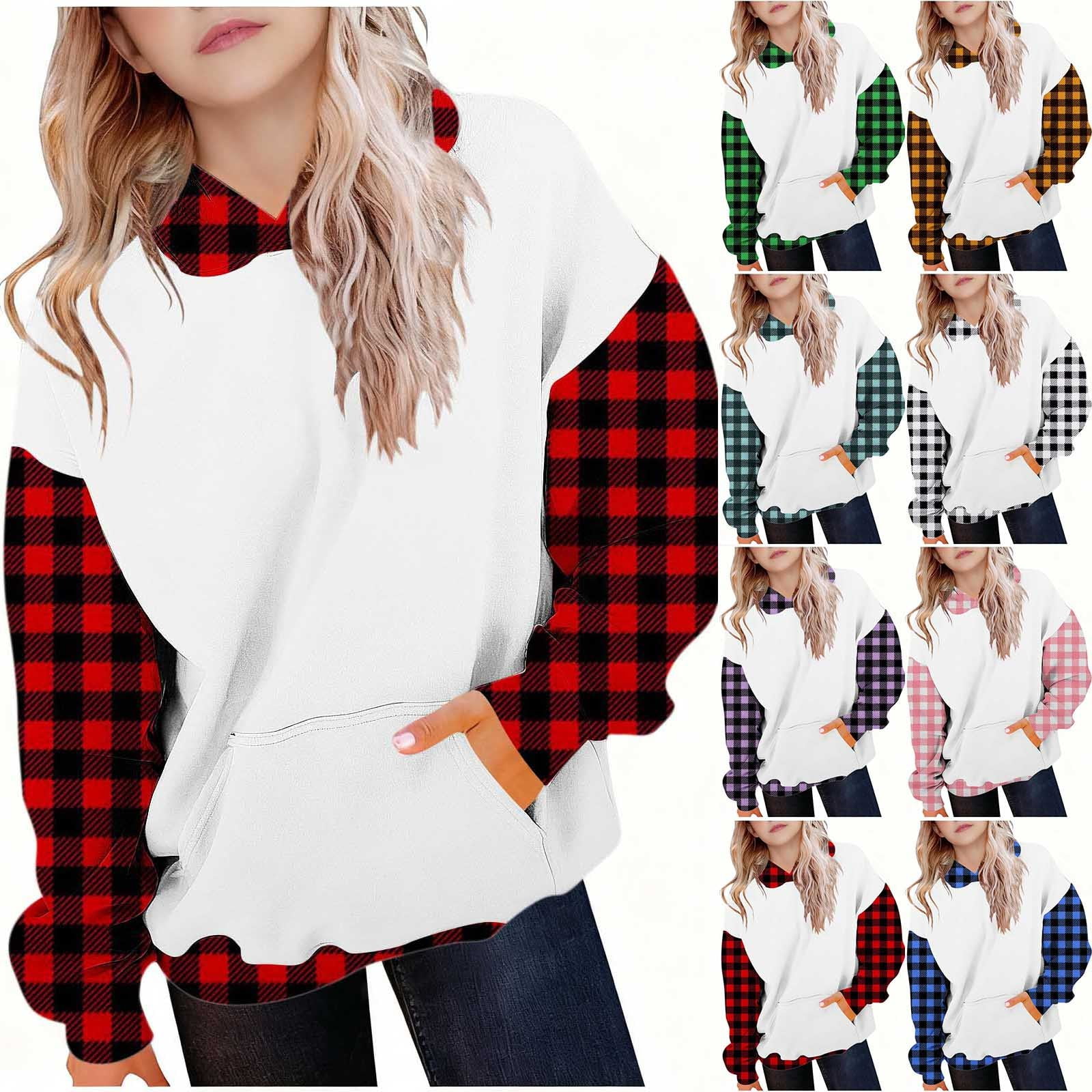 Zpanxa Girls Buffalo Plaid Color Block Pullover Hoodie Casual Long Sleeve for Winter Daily Wear Green 5-6 Years