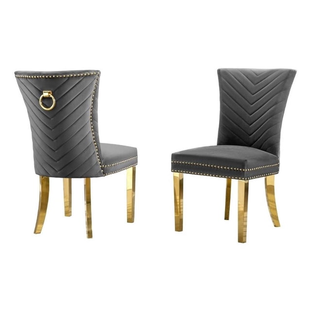 Ensemble de 2 Chaises Rembourrées en Velours Gris Foncé avec Pattes en Acier Inoxydable Doré
