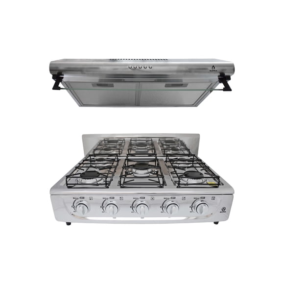 Combo Calabria SUPRA Parrilla Sobre Mesa 5Q-TA 5 quemadores + Campana CB-60 Acero Inoxidable