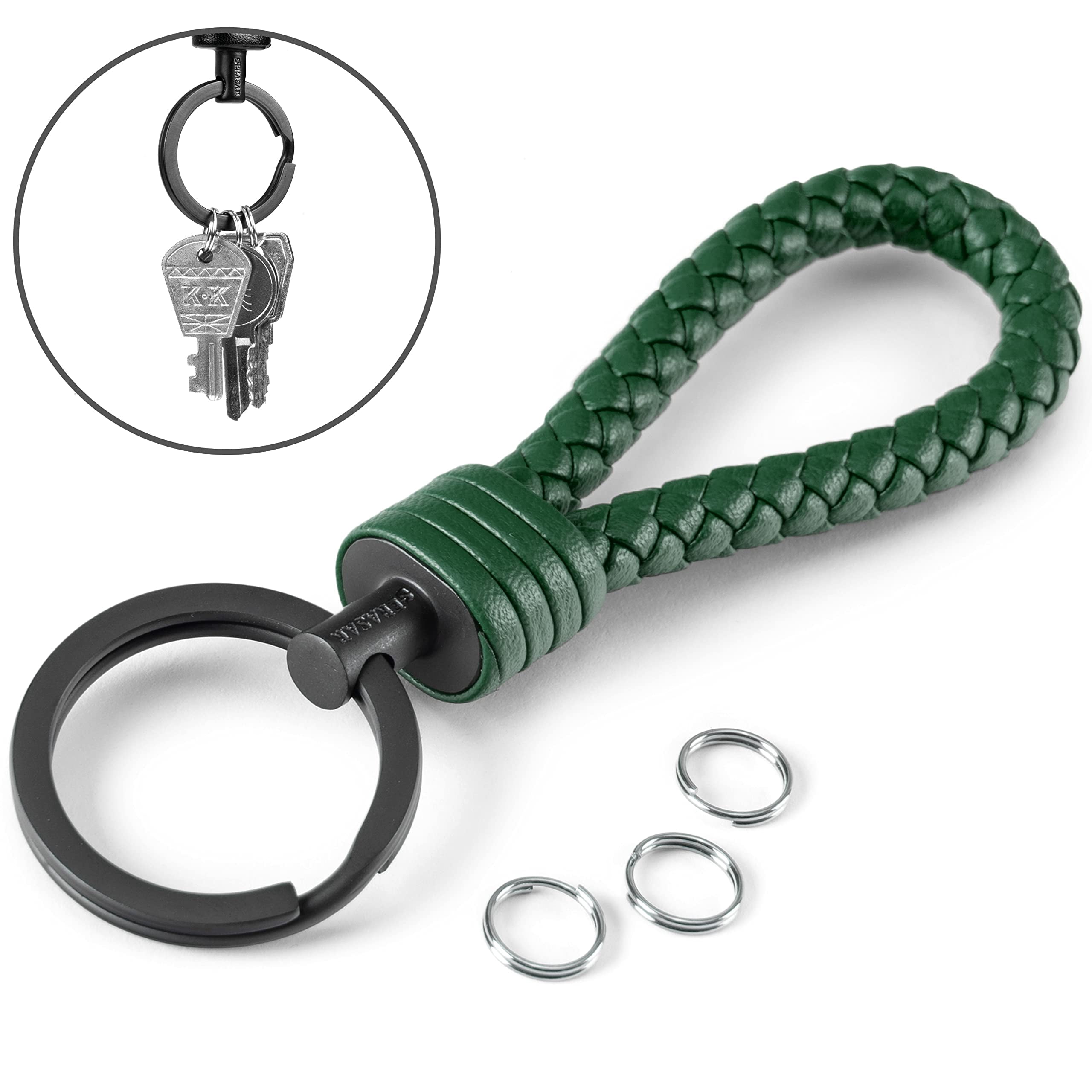 SERASAR Keychain Leather [Strong] Green, Stainless Steel Key Ring Men Gifts