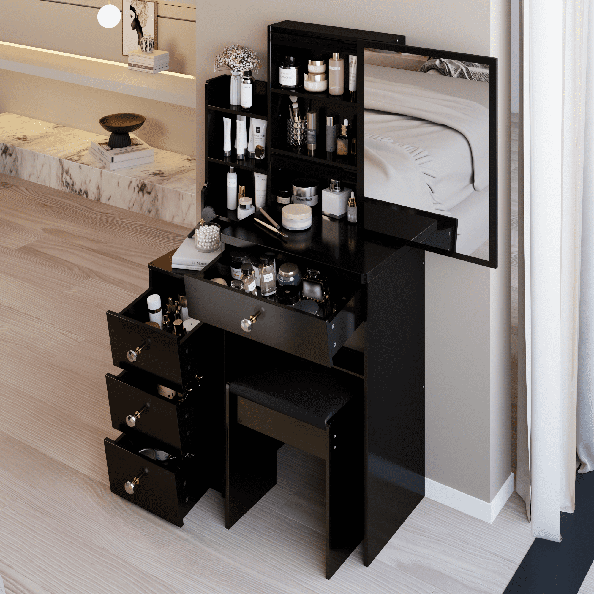 29.2" Small Space Left Bedside Cabinet Vanity Table + Cushioned Stool, Extra Large Right sliding mirror, Multi Layer High Capacity Storage, Practical Fashionable Dresser, Suitable For Small Space